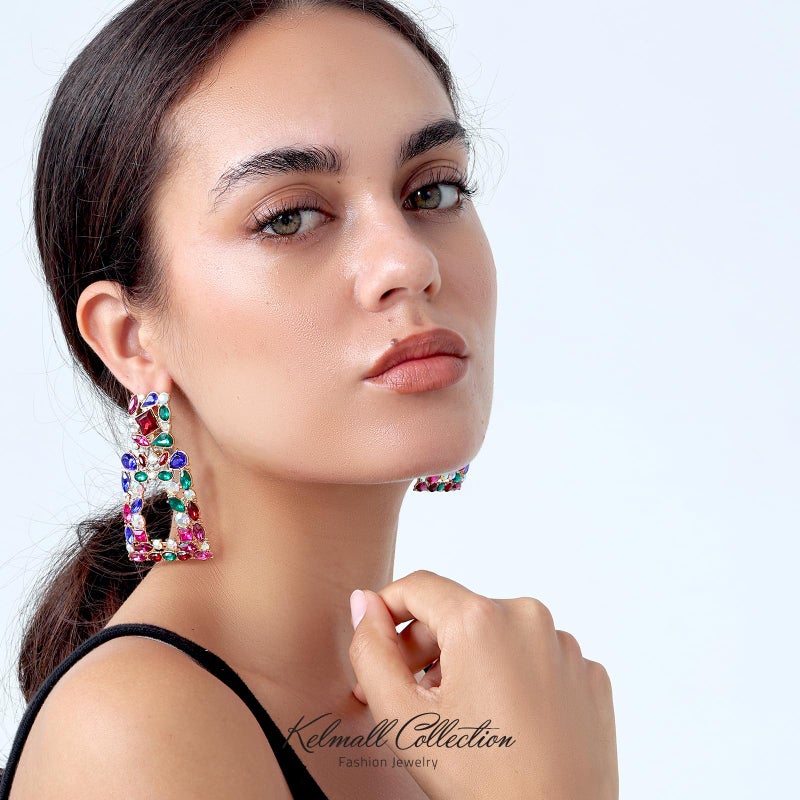 KELMALL Chunky Geometric Rhinestone Dangle Earrings for Women â€“ Bold Rectangle Statement Drop Earrings, Gift-Boxed Fashion Jewelry - Image 3